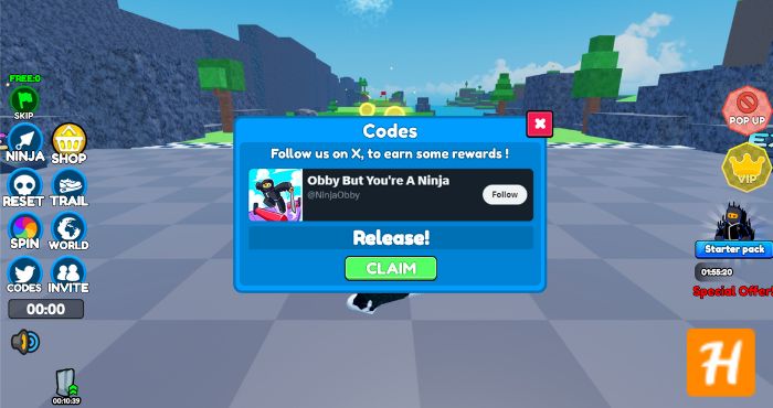Ninja Obby Codes Redeem Screen