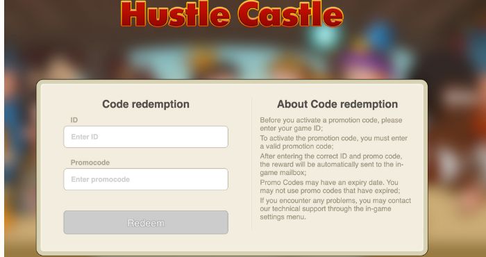 Hustle Castle Promo Codes Redeem Screen