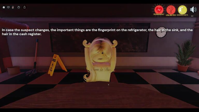 DETECTIVE DUCK THE PIZZERIA Walkthrough Roblox magnifying glass inspecting fingerprint on the refrigerator.